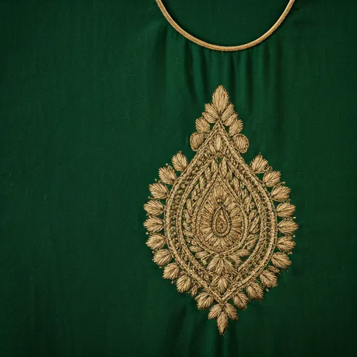 Close up on the intricate gold embroidery of an Indian garment.